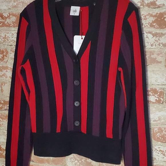 CABI Red Purple Stripe ROYAL PULLOVER CARDIGAN 3538 Sweater Long Sleeve MEDIUM - Picture 2 of 9